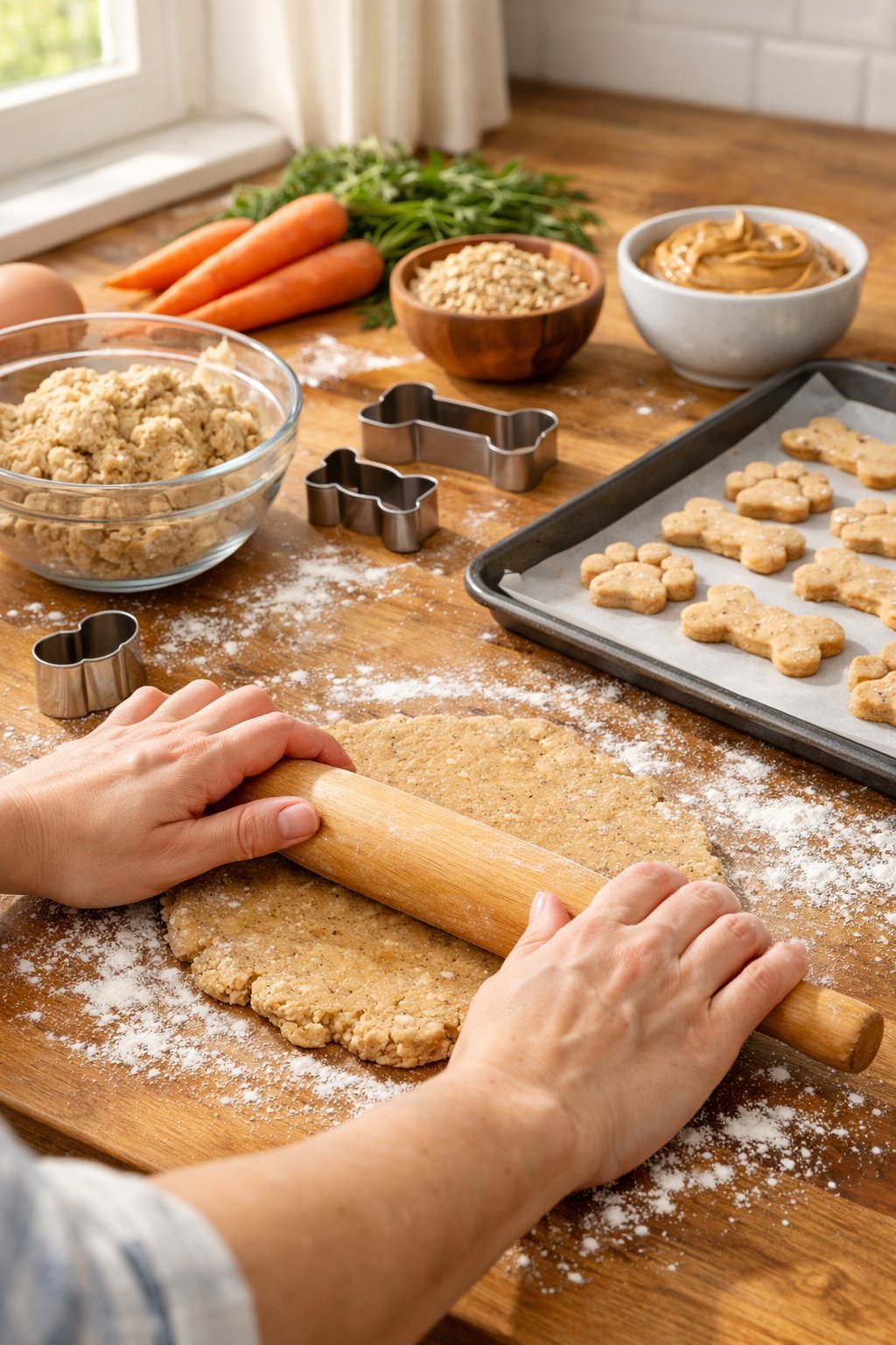 Hands rolling out dough on a wooden surface with dog biscuit cookie cutters and baking tools nearby in a kitchen.
