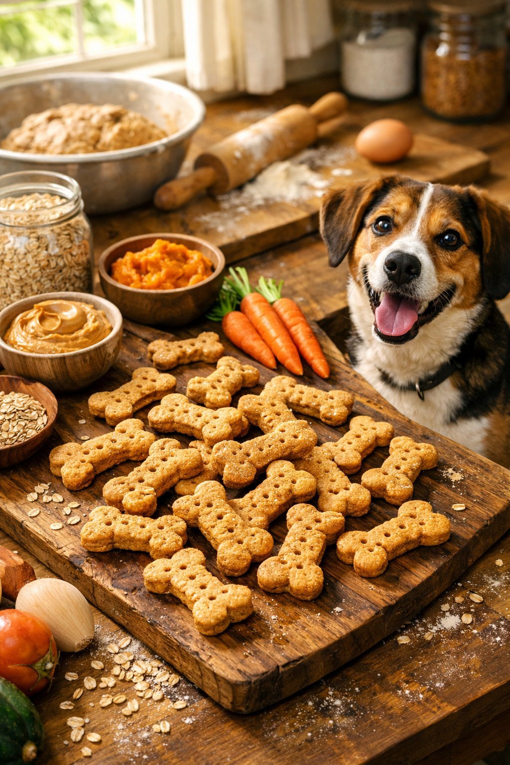 Fresh homemade dog biscuits on a wooden board with natural ingredients nearby and a happy dog watching eagerly in a bright kitchen.