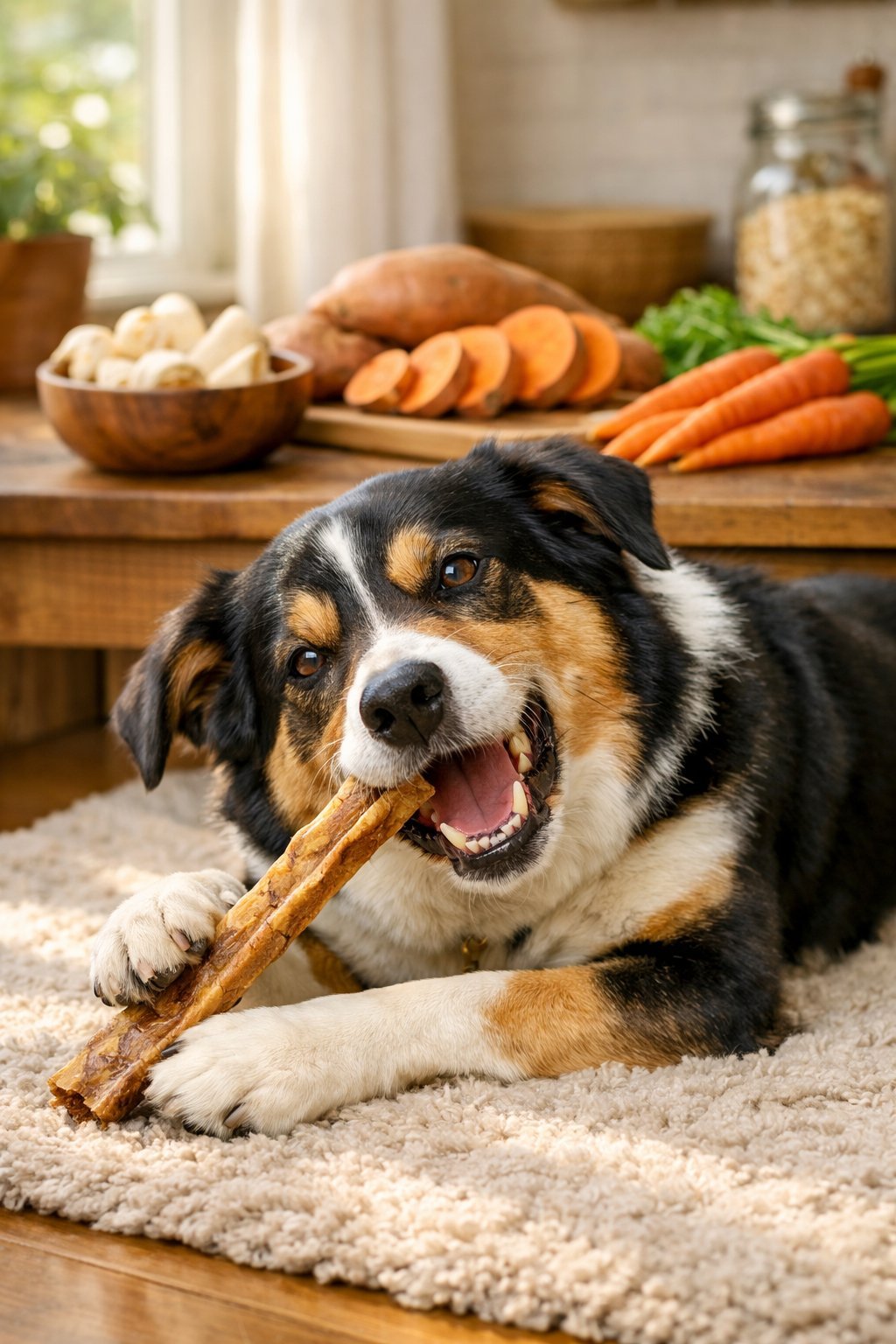 A dog chewing on a homemade dog treat while lying on a rug in a bright kitchen with natural ingredients on a countertop in the background.