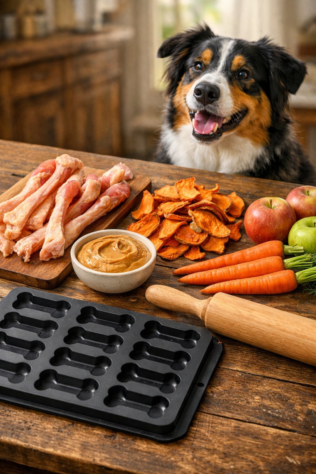 A dog watches a wooden table with natural ingredients for homemade dog chews, including beef tendons, sweet potatoes, peanut butter, carrots, and apples.