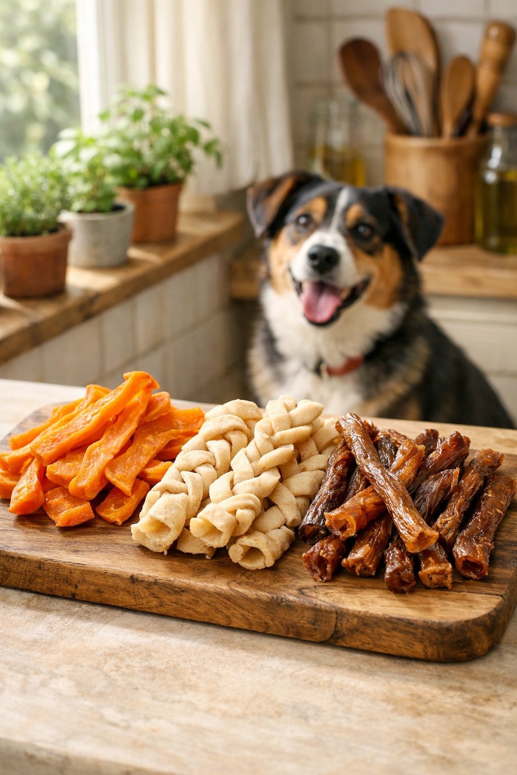 A happy dog sitting near a wooden board with various homemade dog chews in a bright kitchen.