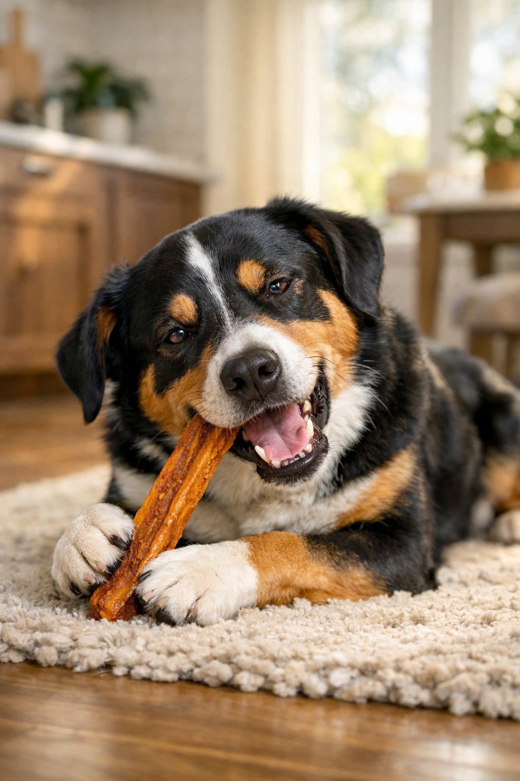 A happy dog chewing on a long-lasting homemade dog chew inside a cozy home.
