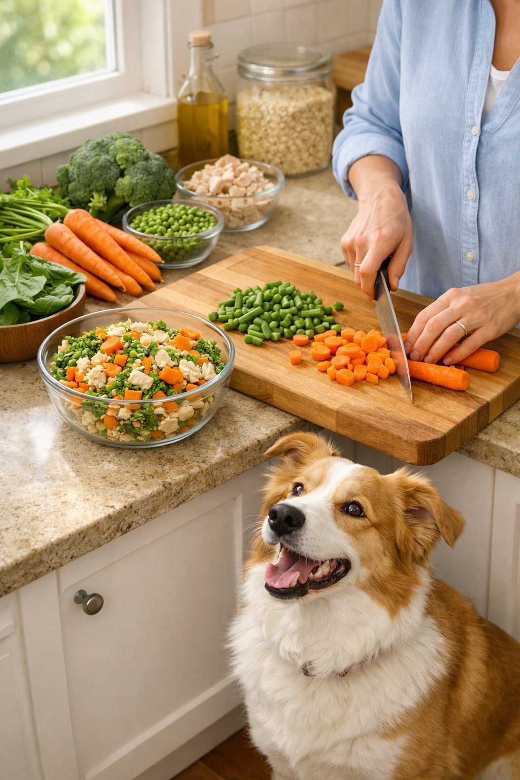 A person preparing fresh homemade dog food in a kitchen while a dog watches nearby.