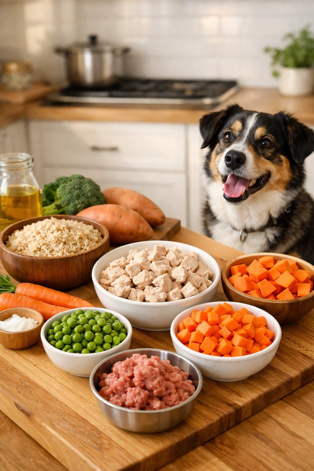 A kitchen countertop with fresh vegetables, cooked chicken, and rice arranged for homemade dog food, with a dog sitting nearby.