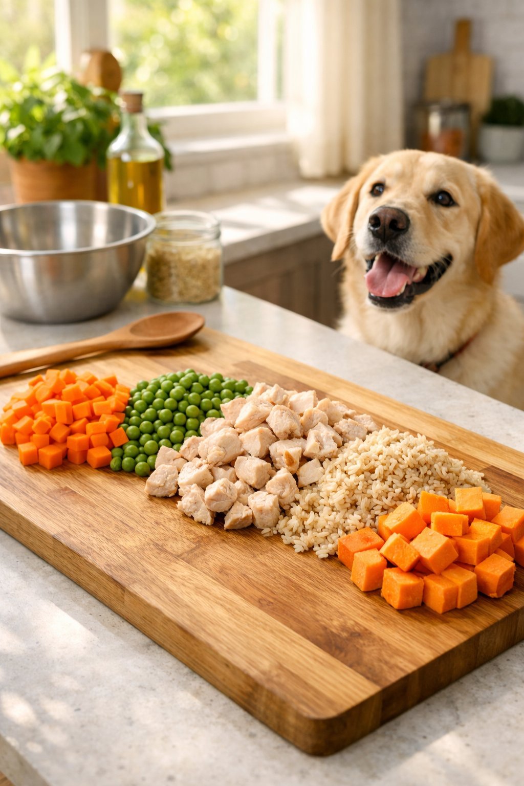 A happy dog sitting near a cutting board with fresh ingredients like chicken, carrots, peas, and rice being prepared in a bright kitchen.