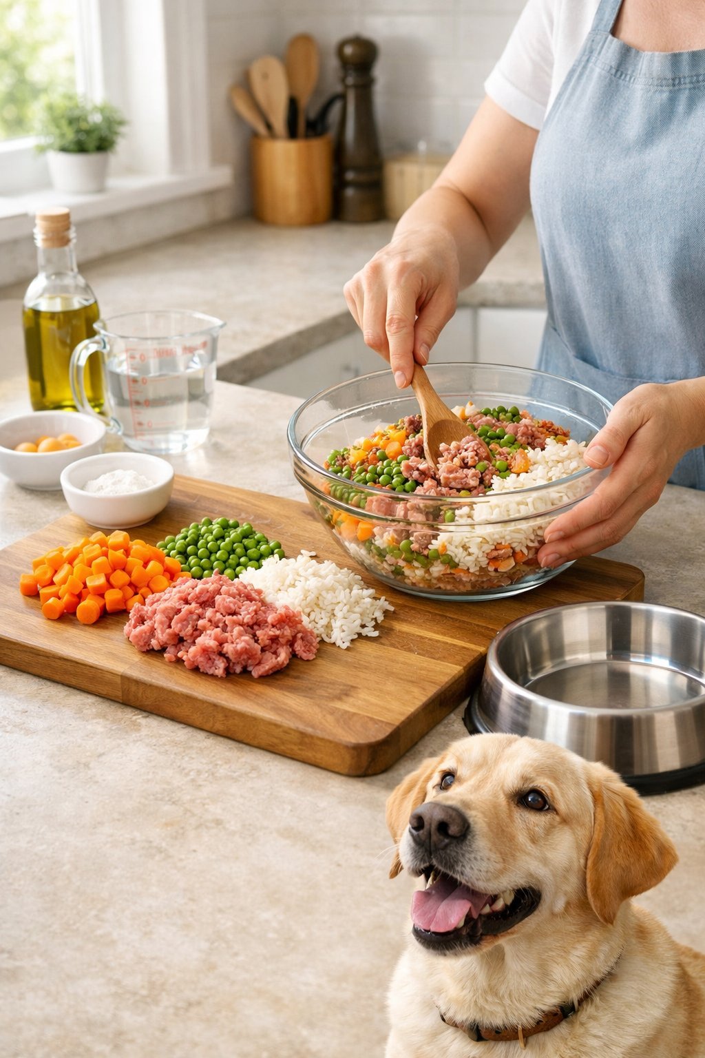A person preparing homemade dog food in a kitchen with fresh ingredients on a cutting board and a dog watching nearby.