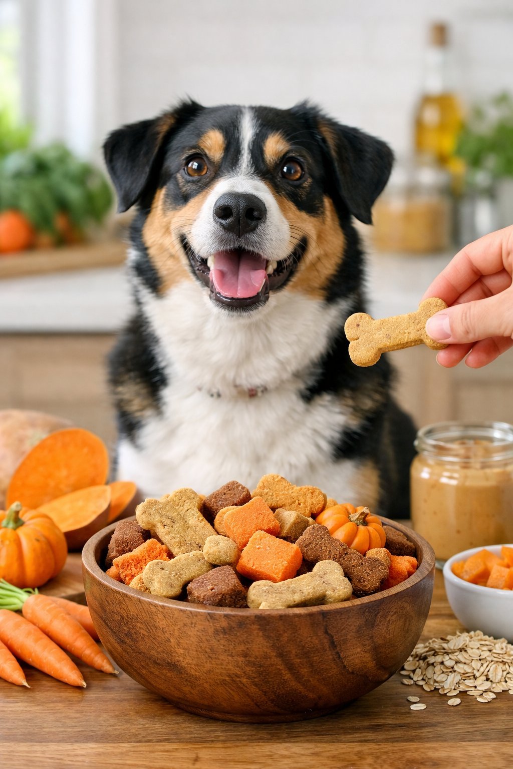 A happy dog sitting near a bowl of grain-free dog treats with fresh vegetables on a kitchen counter.