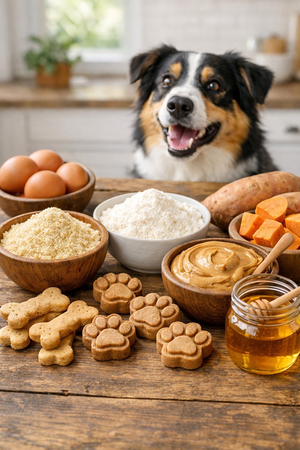 A happy dog looking at bowls of natural ingredients like almond flour, sweet potatoes, eggs, and peanut butter on a wooden table.