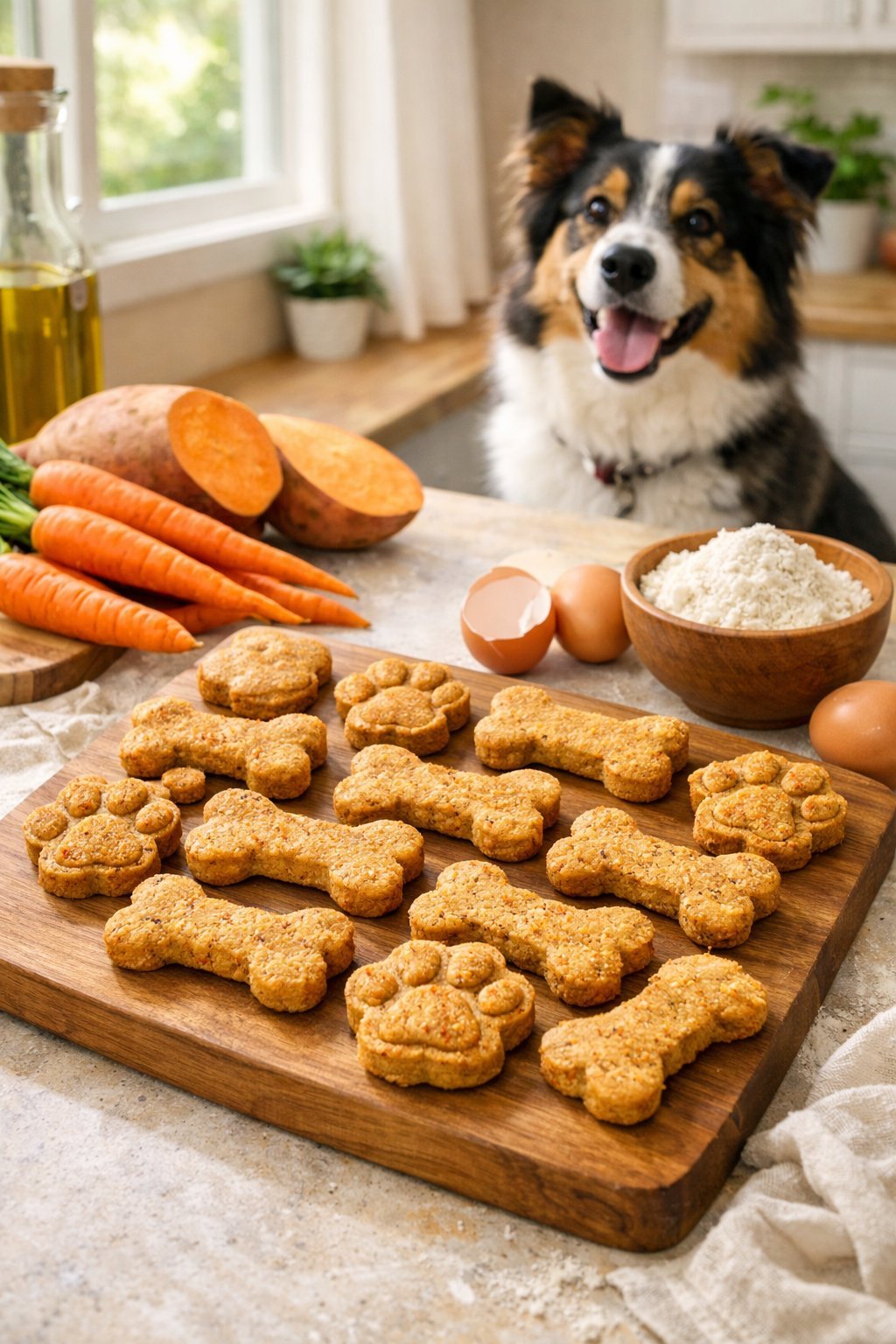 Freshly baked grain-free dog treats on a wooden board with natural ingredients nearby and a happy dog watching in a bright kitchen.