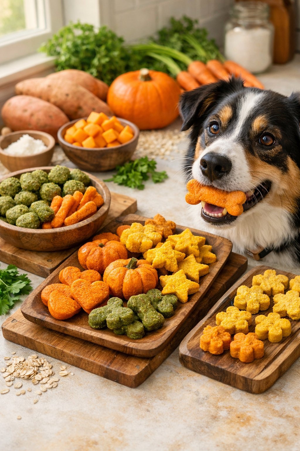 A happy dog with a shiny coat holding a homemade grain-free treat in its mouth, surrounded by colorful dog treats and fresh natural ingredients on a kitchen countertop.