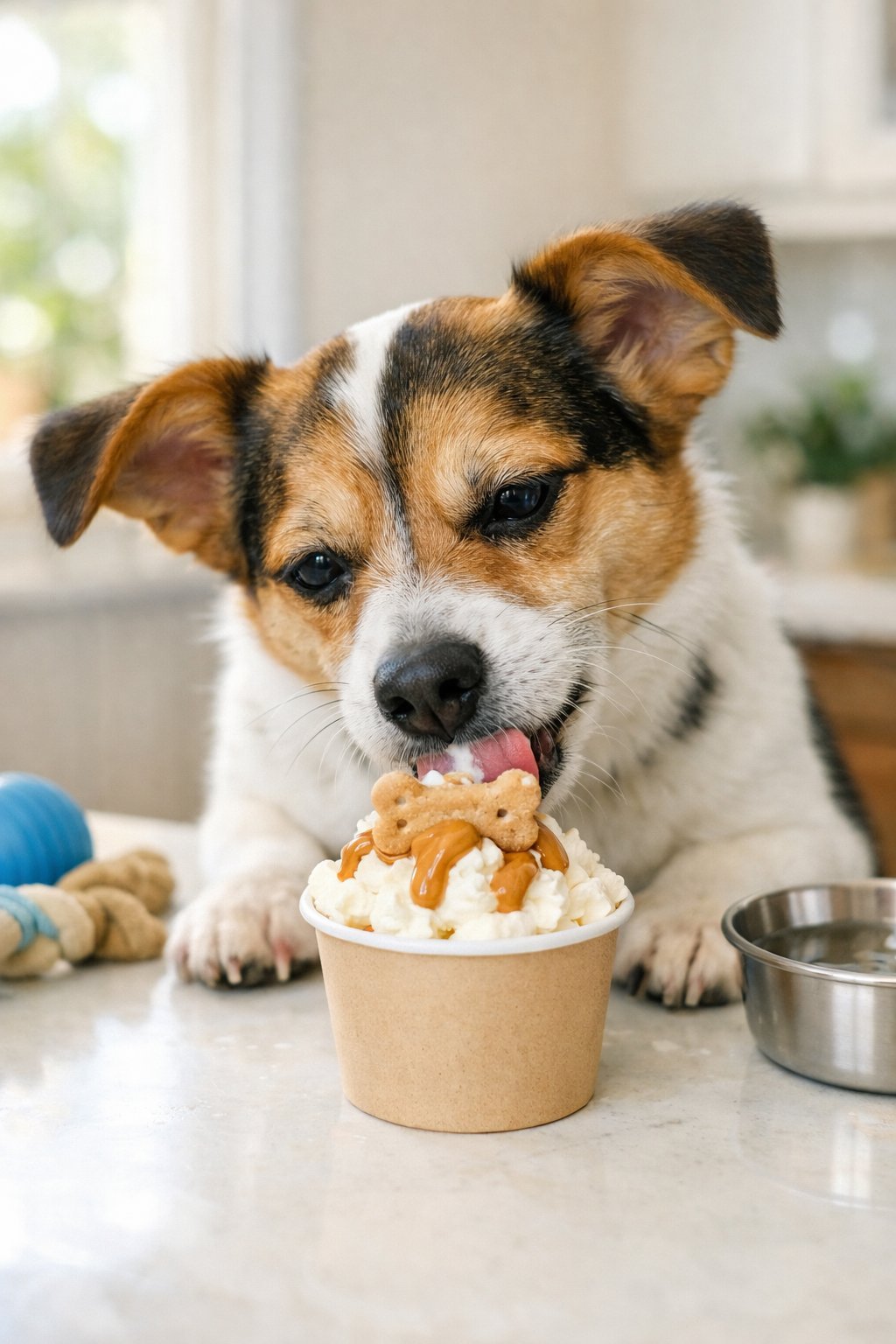 A small dog happily eating a creamy pup cup treat on a kitchen countertop with natural light.