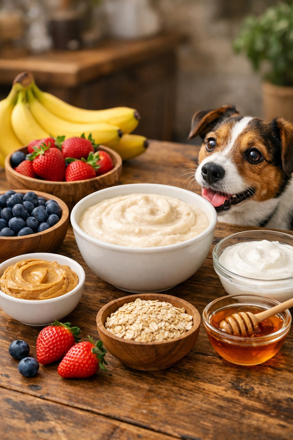 A variety of fresh fruits, peanut butter, yogurt, and oats arranged on a table with a bowl of creamy dog treat and a small dog looking at it.