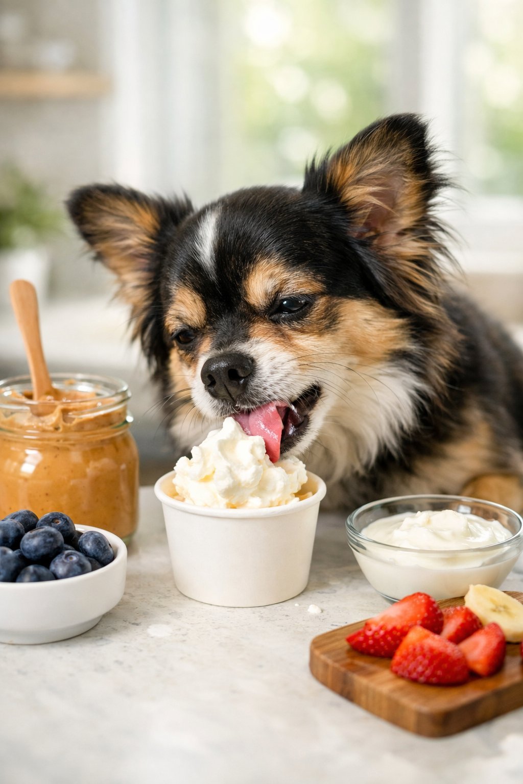 A small dog happily eating a dog-friendly treat served in a small cup on a kitchen countertop with fresh ingredients nearby.