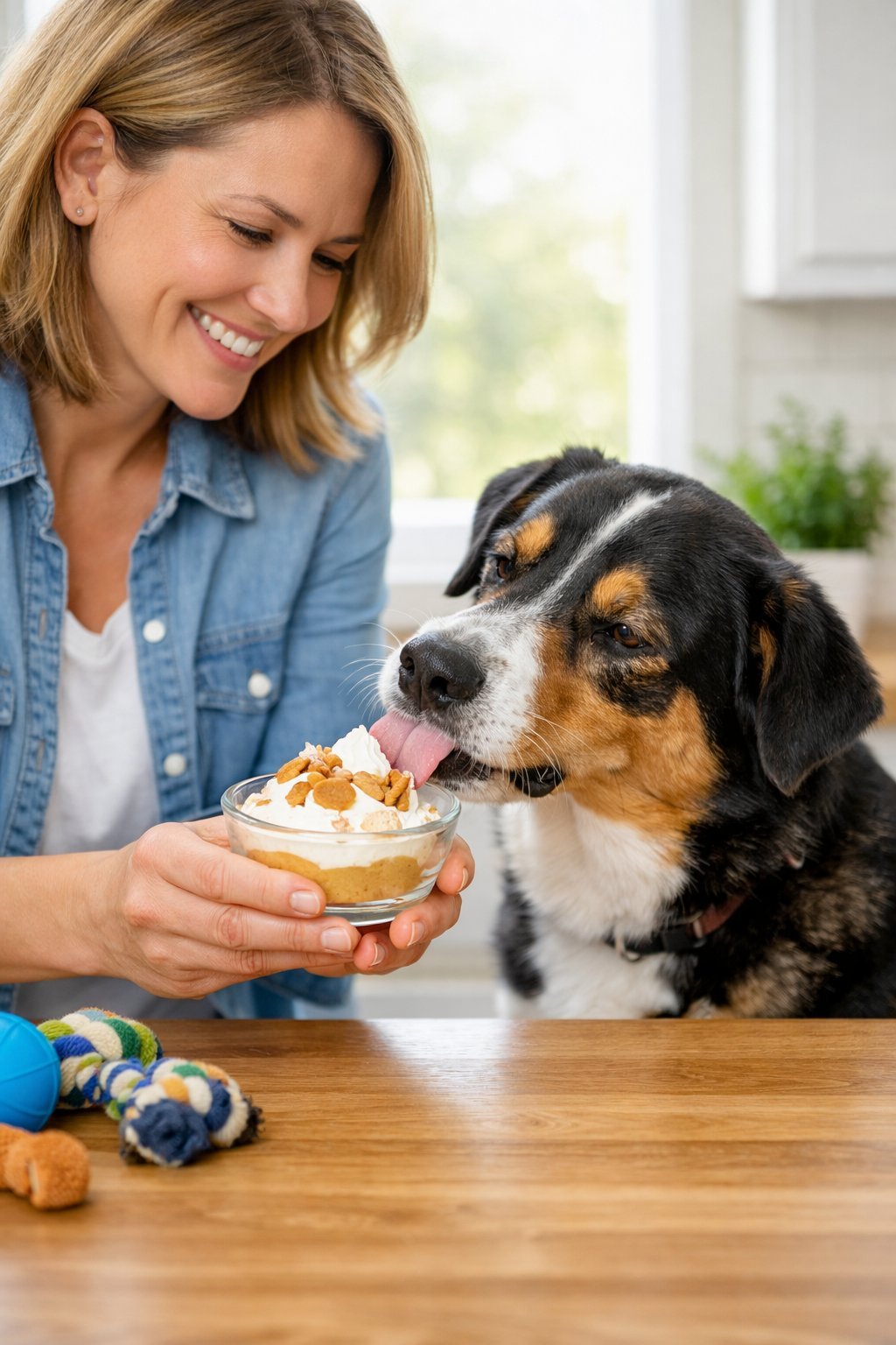 A person serving a small bowl of dog-friendly treat to a happy dog in a bright kitchen.
