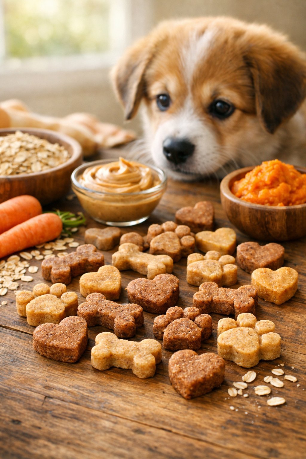 A puppy looking at a variety of small homemade dog treats arranged on a wooden table with fresh ingredients nearby.