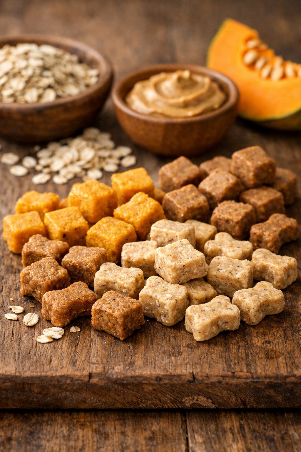 Close-up of small homemade puppy treats placed on a wooden surface with natural ingredients like oats, peanut butter, and pumpkin in the background.