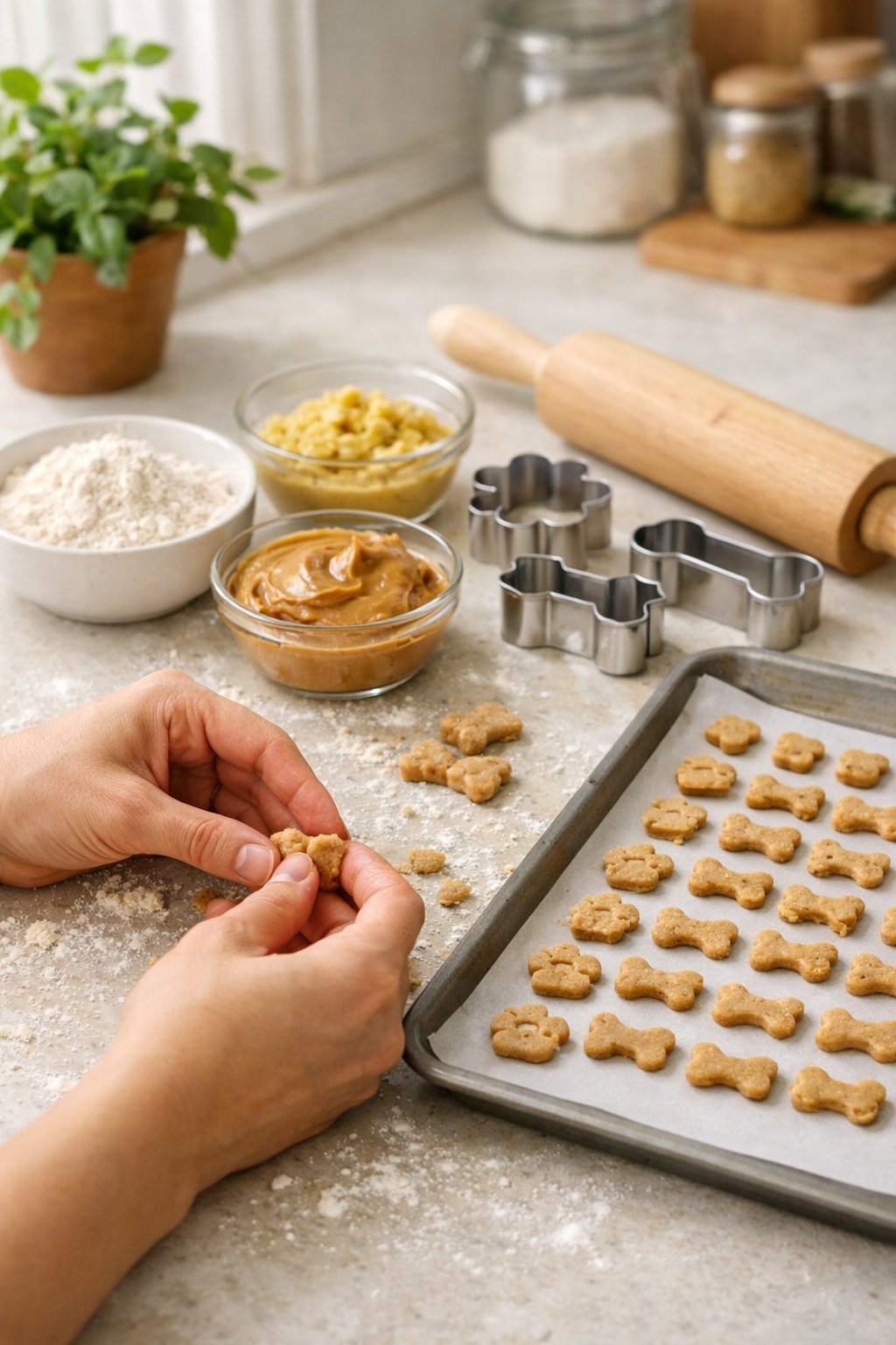 Hands shaping small homemade puppy treats on a kitchen counter with ingredients and baking tools nearby.