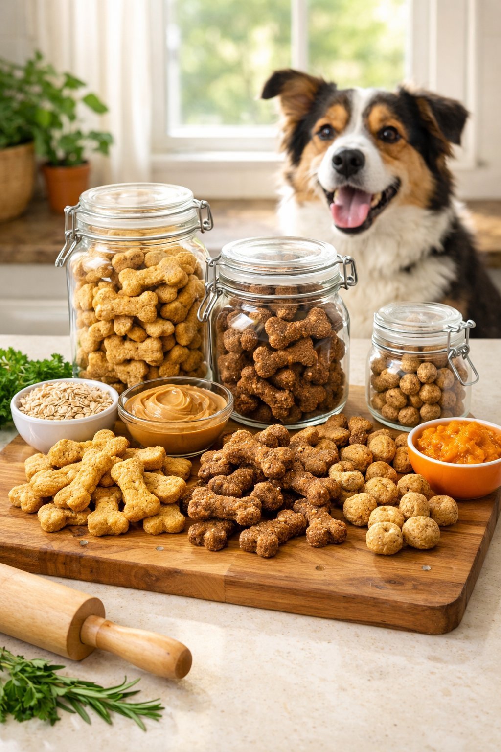 A kitchen countertop with homemade dog treats on a wooden board, jars of treats, bowls of ingredients, and a dog watching eagerly nearby.