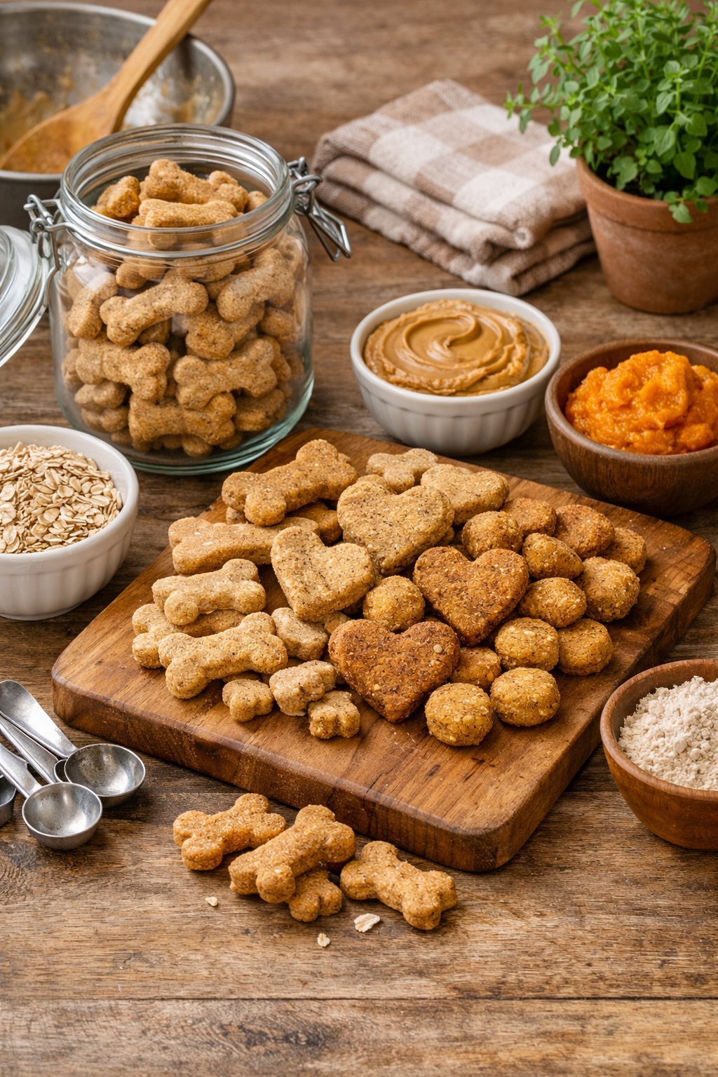 A kitchen countertop with homemade dog treats on a wooden board and in a glass jar, surrounded by bowls of natural ingredients and baking utensils.