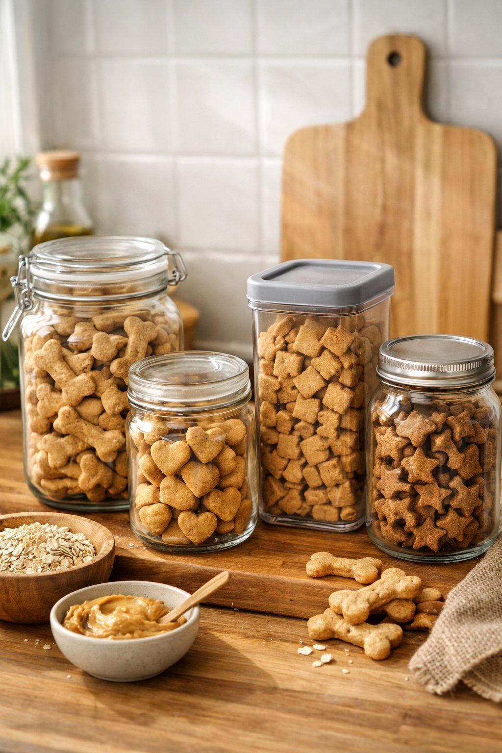 Glass jars and airtight containers filled with homemade dog treats arranged on a kitchen countertop.