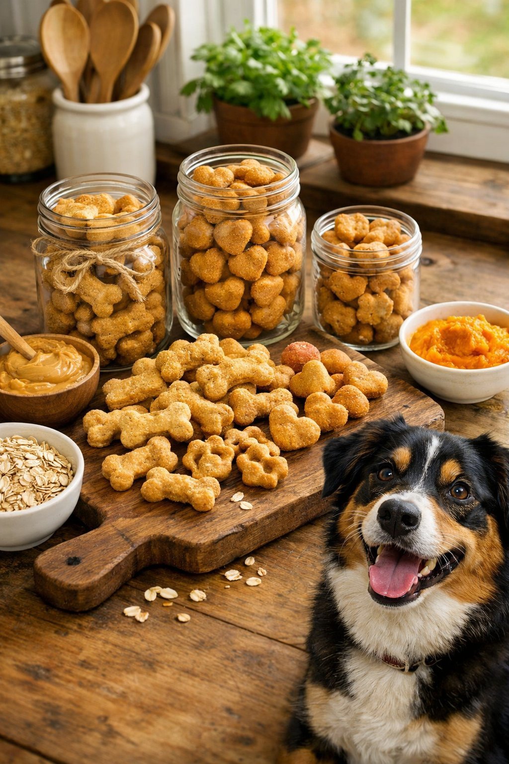 A kitchen scene with homemade dog treats on a wooden board and in jars, natural ingredients nearby, and a happy dog sitting patiently.