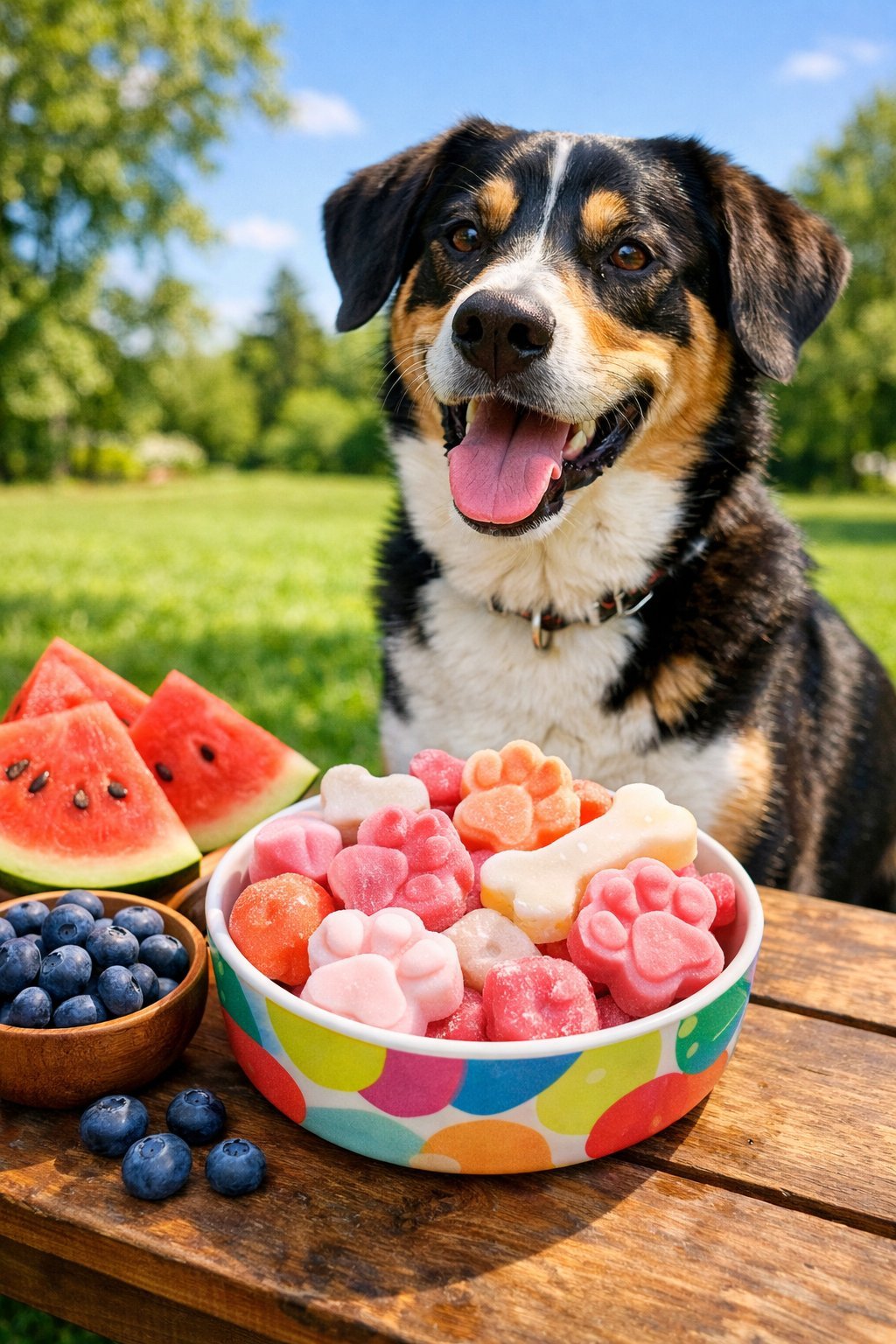 A happy dog outdoors on a sunny summer day enjoying frozen dog treats near a picnic table with fresh fruits.