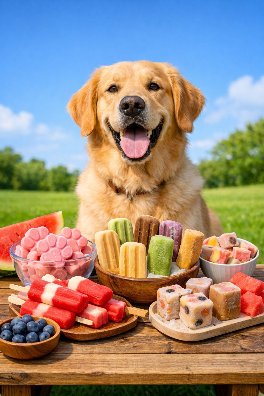 A golden retriever sitting on grass outdoors with a variety of frozen dog treats and fresh fruits on a picnic table in front of it on a sunny day.