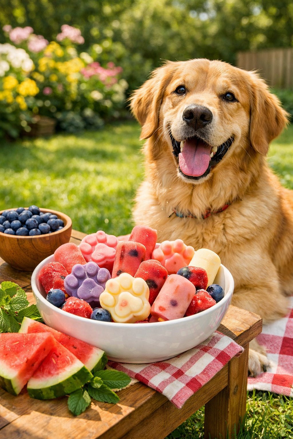 A golden retriever sitting outdoors next to a bowl of colorful frozen dog treats with fresh fruits and greenery in the background.