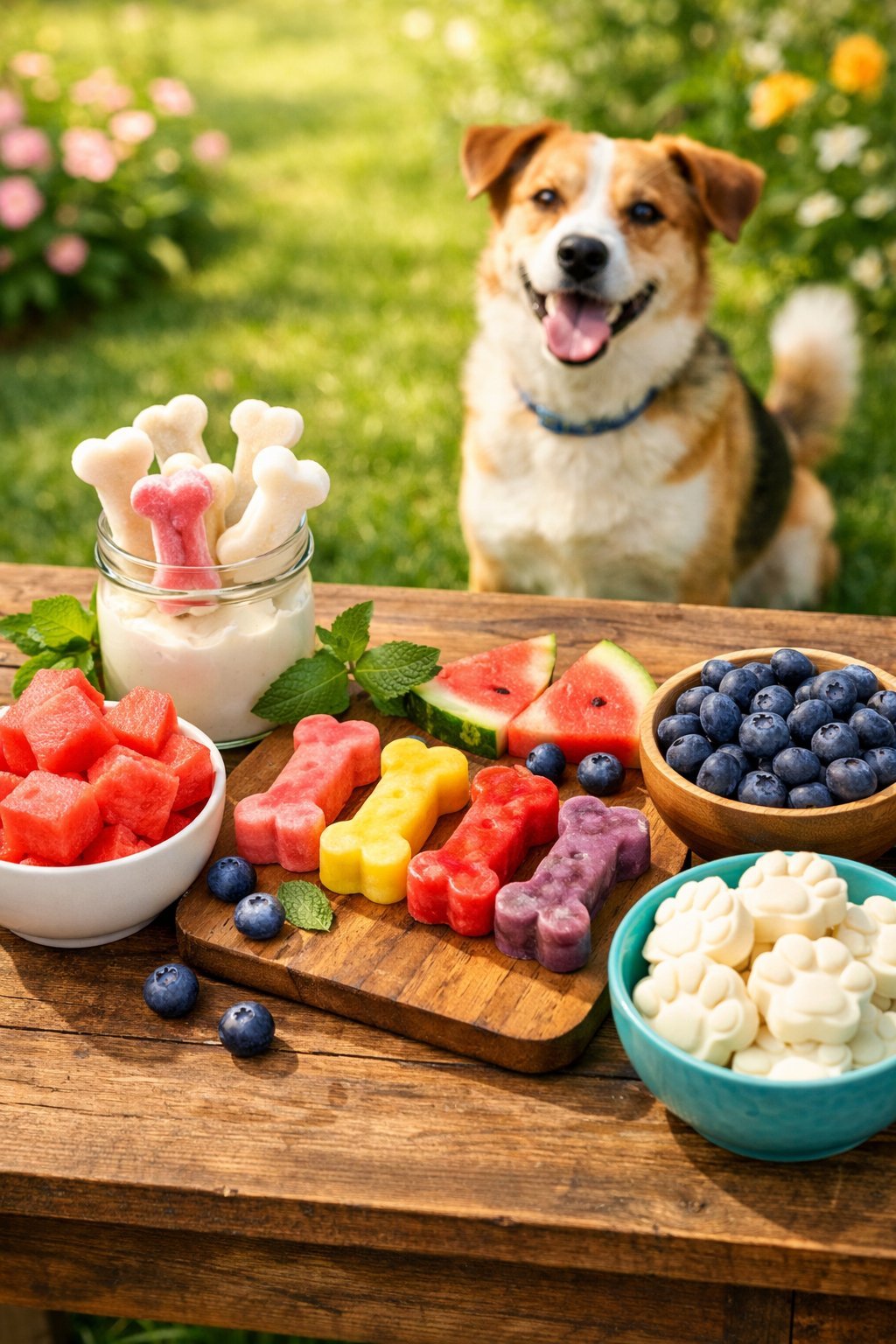 A happy dog sitting on grass looking at various healthy summer dog treats on a wooden table outdoors.
