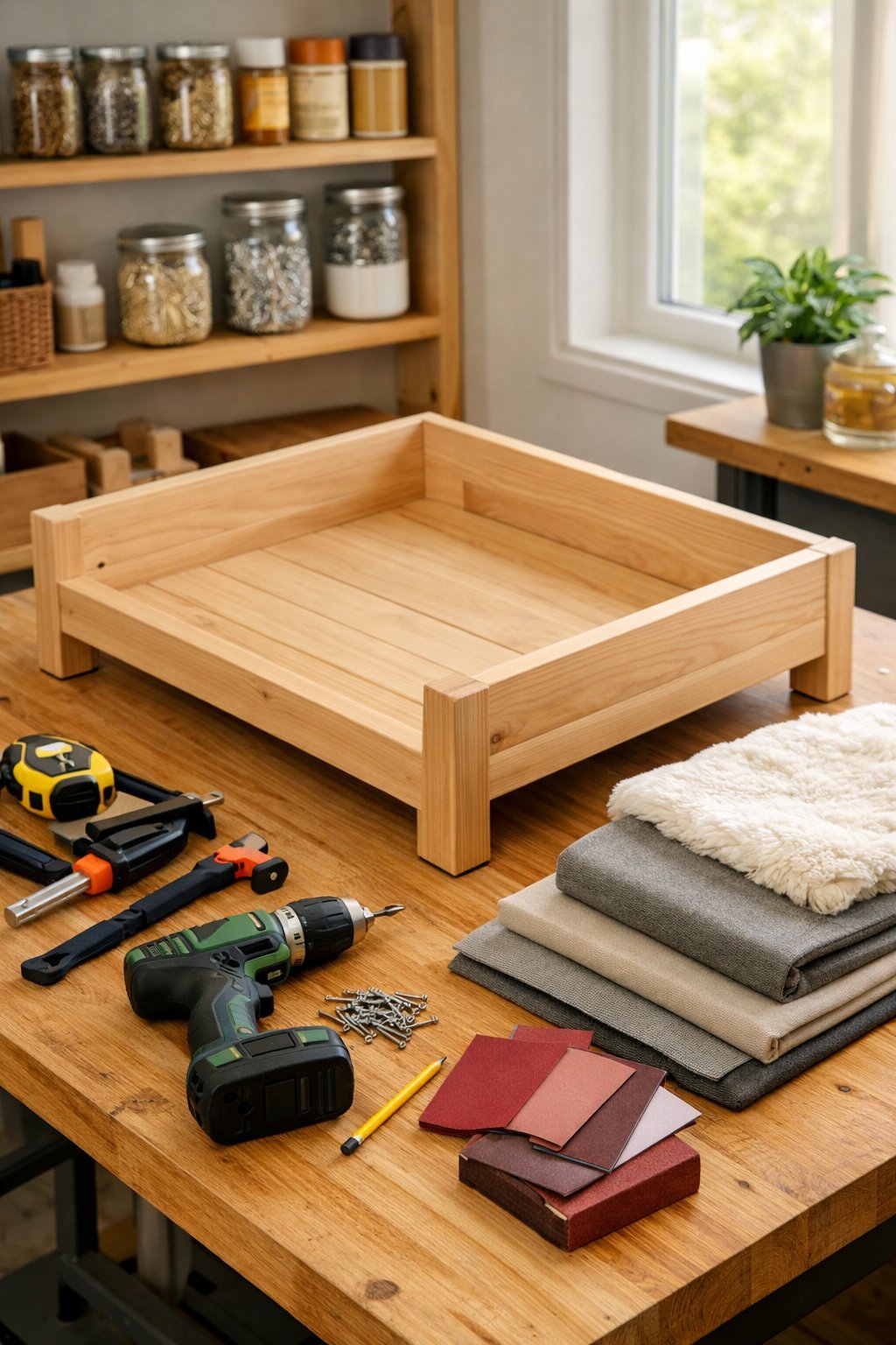 DIY Raised Dog Bed That Looks Like Expensive Furniture: Budget-Friendly Tutorial for Pet Parents A workspace with a partially built raised dog bed frame made of wood, surrounded by woodworking tools and fabric samples.