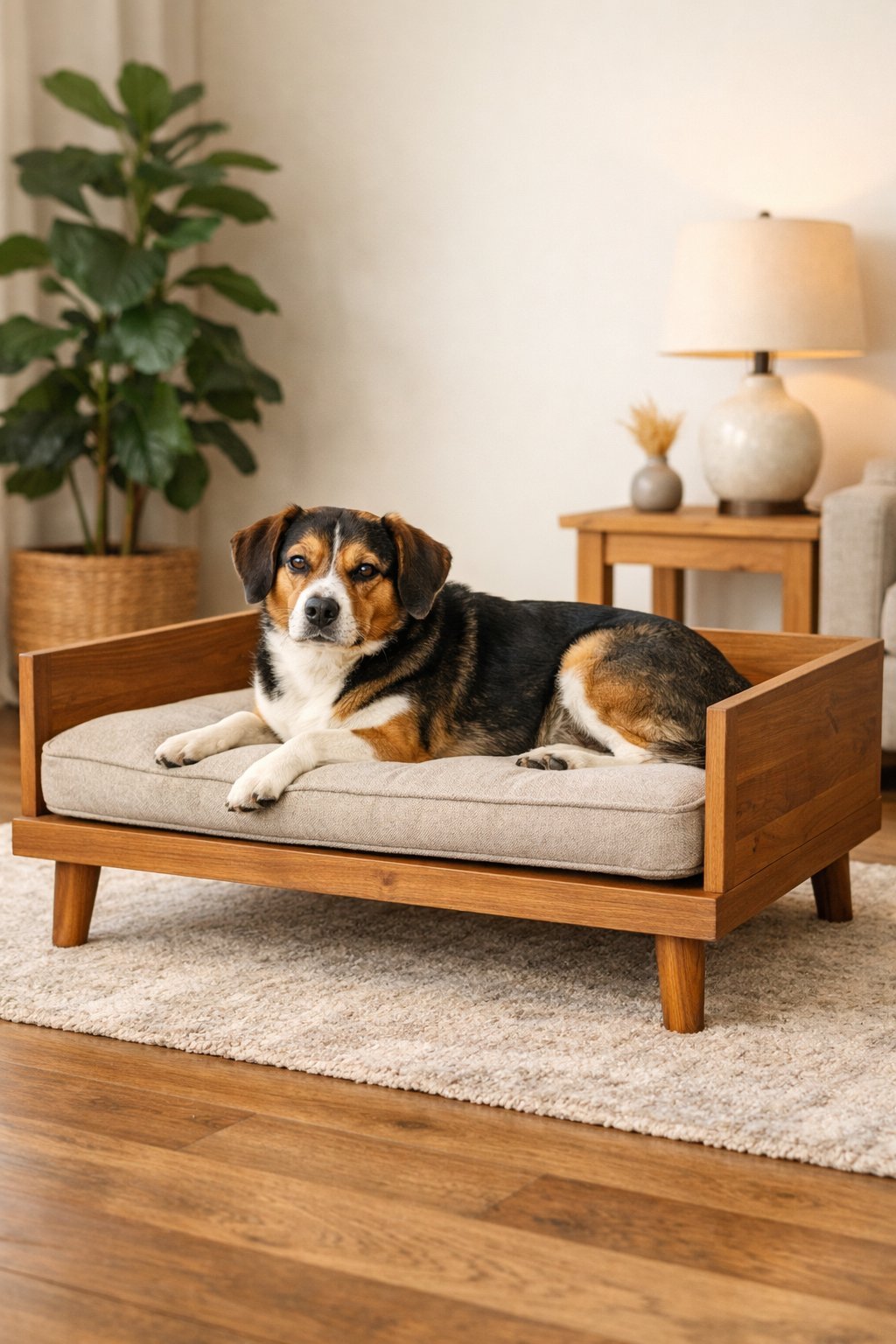 DIY Raised Dog Bed That Looks Like Expensive Furniture: Budget-Friendly Tutorial for Pet Parents A medium-sized dog resting comfortably on a raised wooden dog bed with a cushion in a bright, cozy living room.