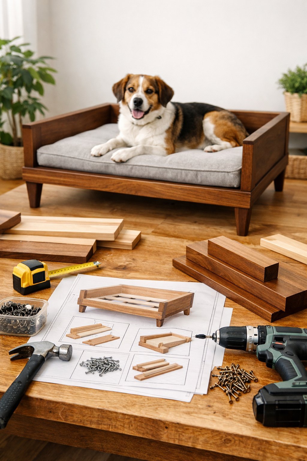 DIY Raised Dog Bed That Looks Like Expensive Furniture: Budget-Friendly Tutorial for Pet Parents A workspace with woodworking tools and materials for building a raised dog bed, with a dog resting on the finished bed in the background.