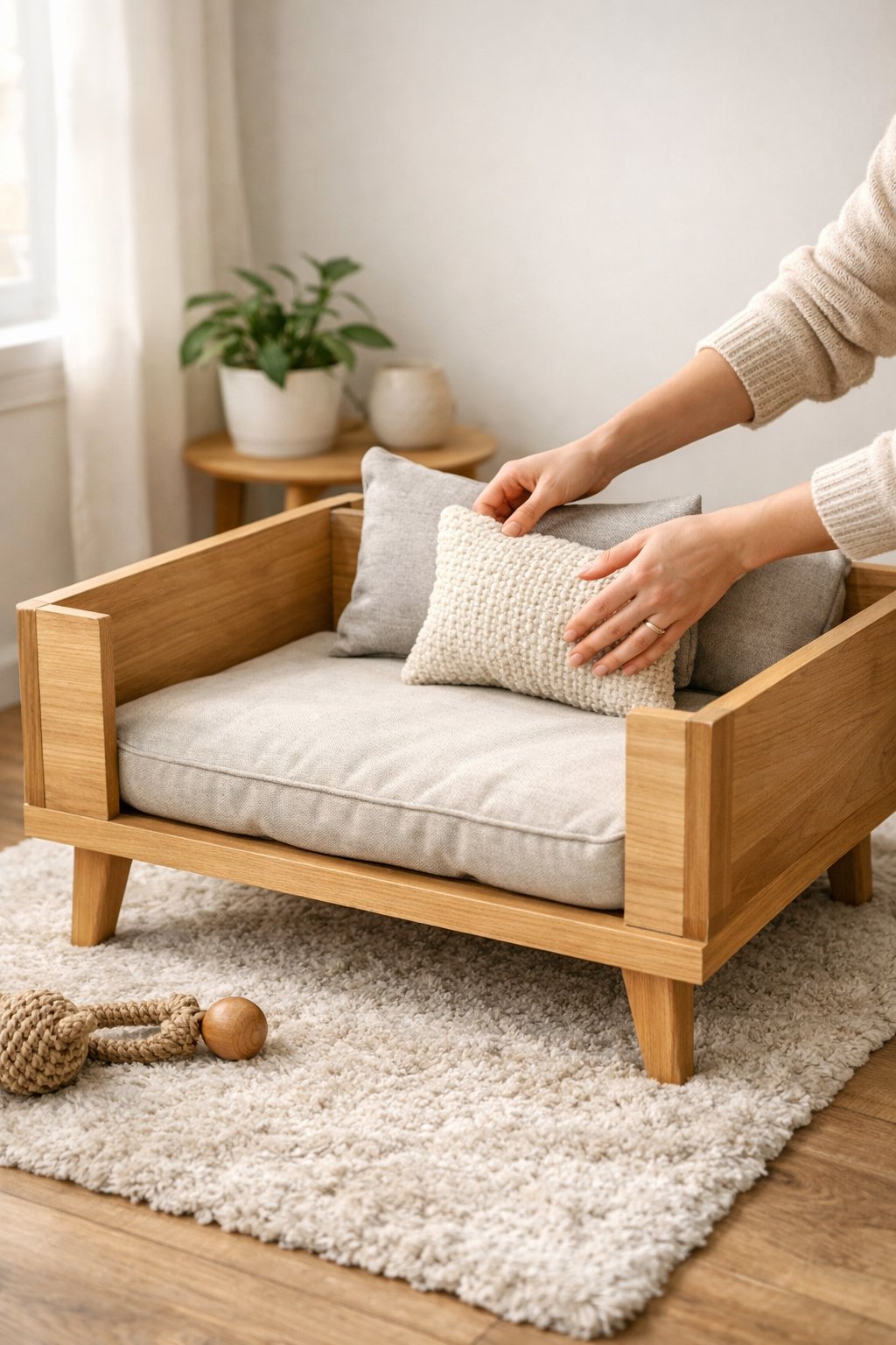 DIY Raised Dog Bed That Looks Like Expensive Furniture: Budget-Friendly Tutorial for Pet Parents A raised wooden dog bed with a cushion in a bright living room, with hands adding finishing touches.