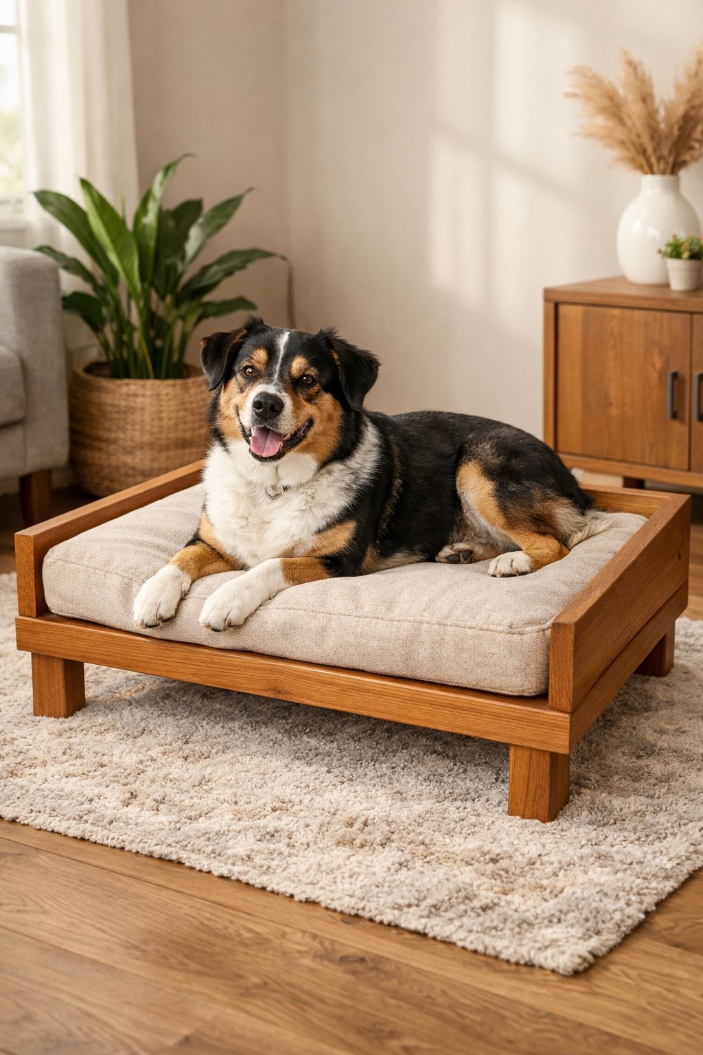 DIY Raised Dog Bed That Looks Like Expensive Furniture: Budget-Friendly Tutorial for Pet Parents A medium-sized dog lying comfortably on a raised wooden dog bed with a cushion in a cozy living room.