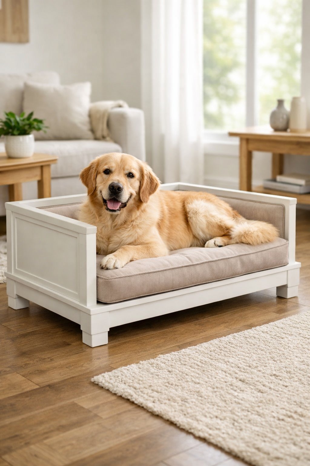 DIY Raised Dog Bed That Looks Like Expensive Furniture: Budget-Friendly Tutorial for Pet Parents A medium-sized dog resting comfortably on a raised wooden dog bed in a bright living room with wooden floors and plants.