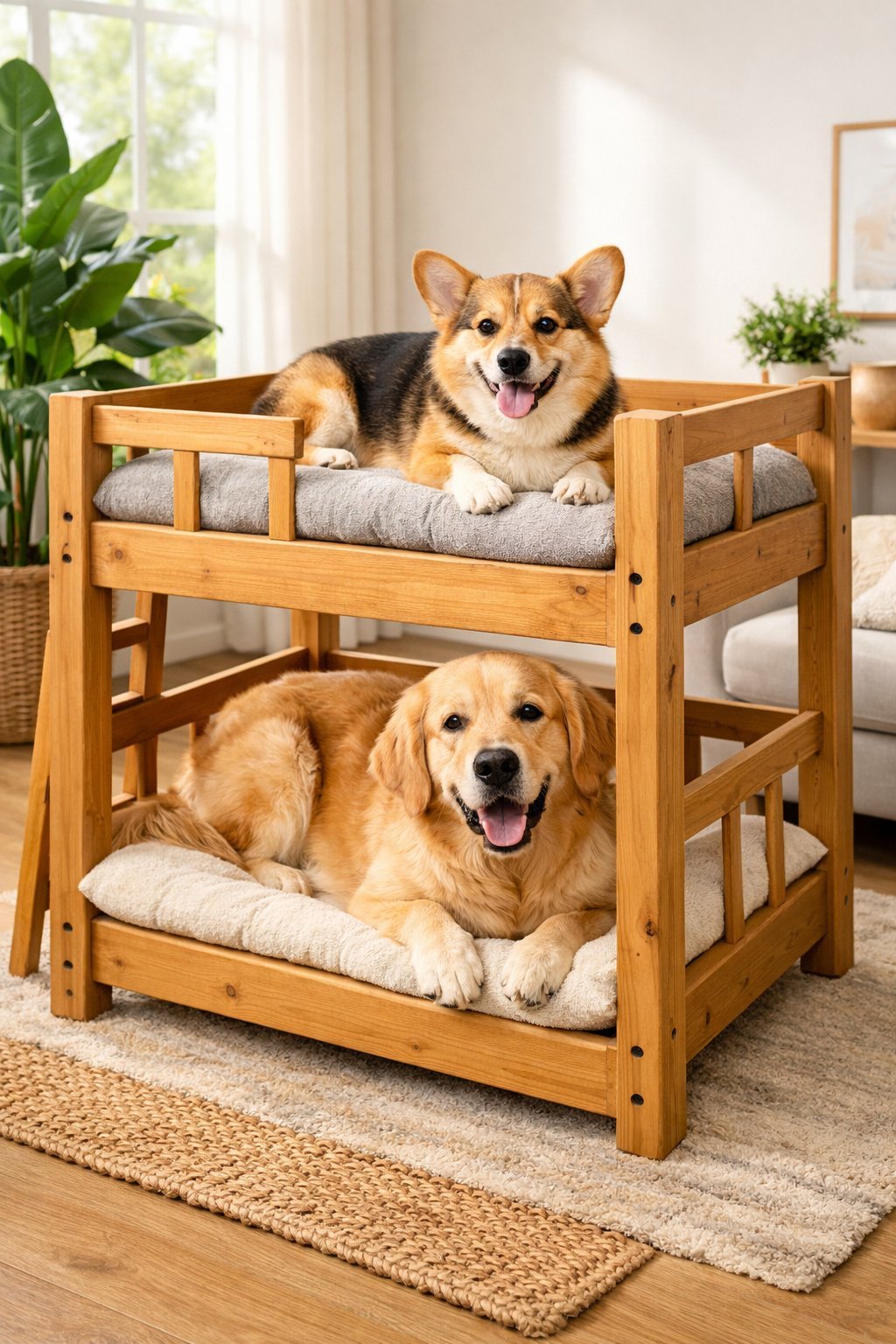 Two dogs resting on a wooden dog bunk bed inside a cozy living room with natural light and plants.
