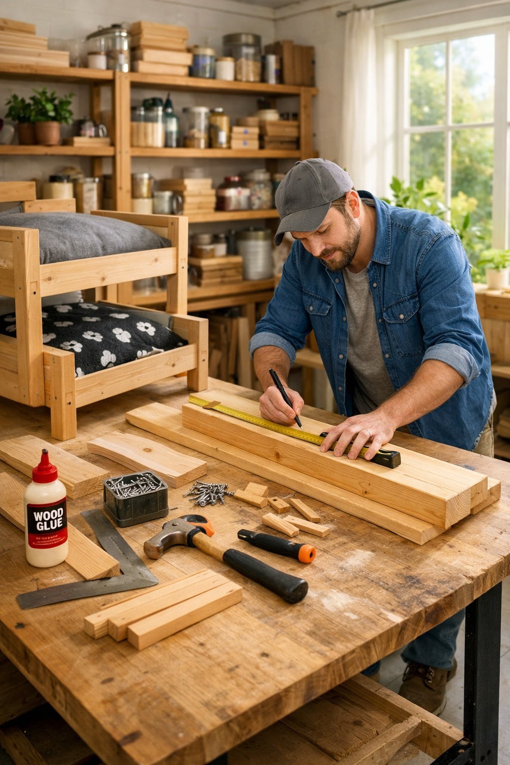A person building wooden dog bunk beds in a bright workshop with tools and materials around.