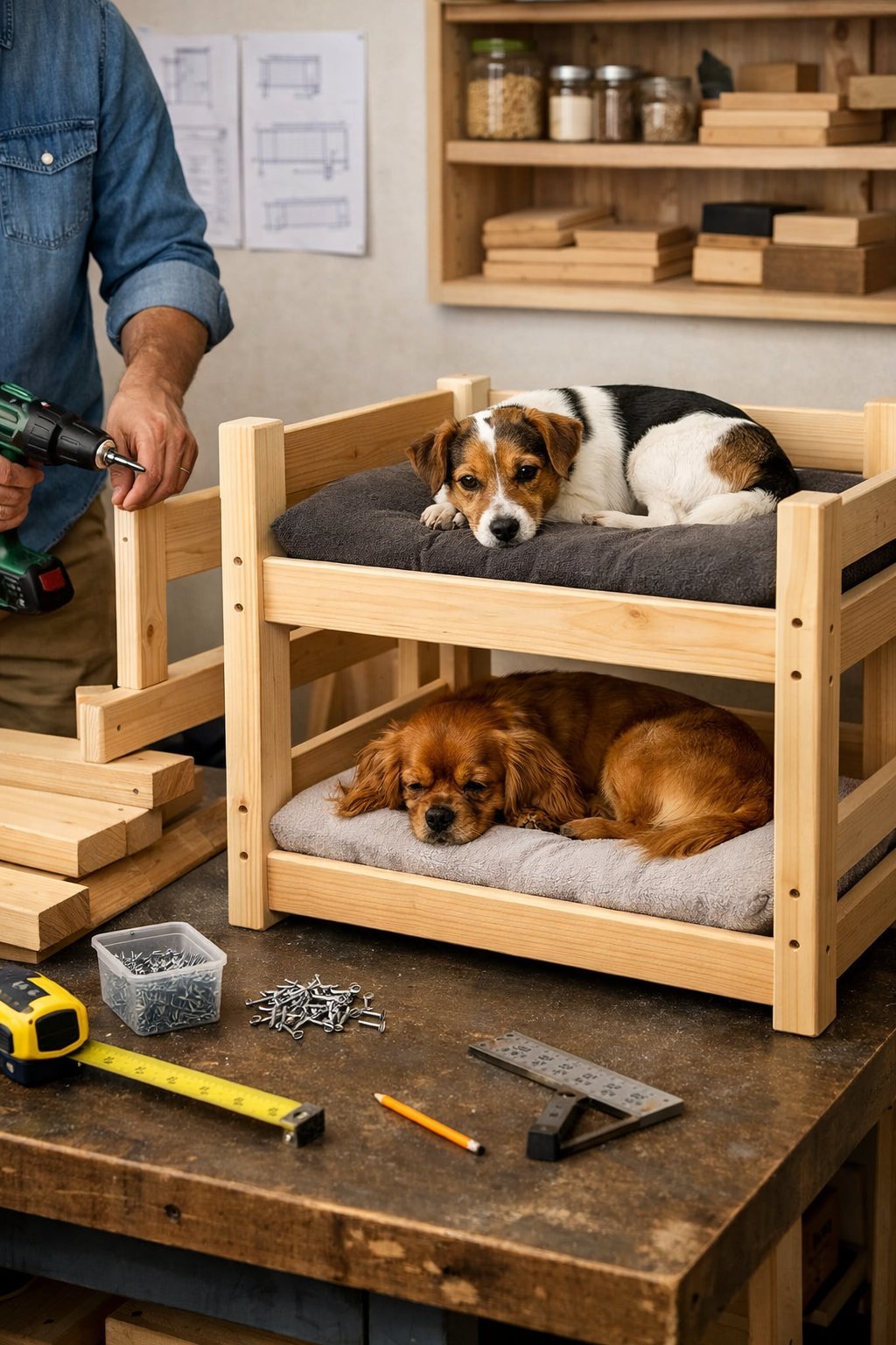 A person assembling a wooden dog bunk bed in a bright workshop while two dogs rest on the partially built bed.