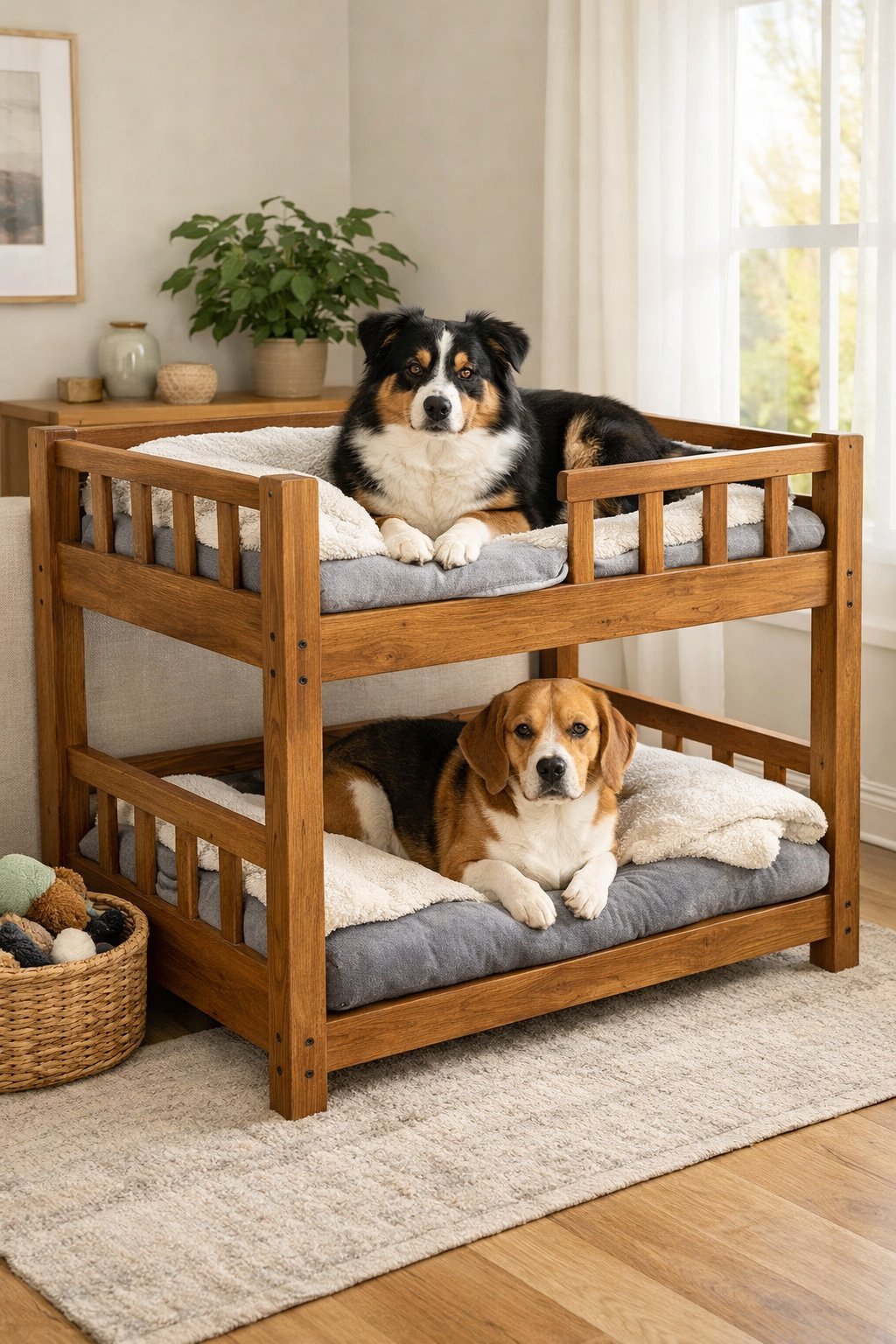 Two dogs resting comfortably on a wooden dog bunk bed with soft cushions in a bright living room.