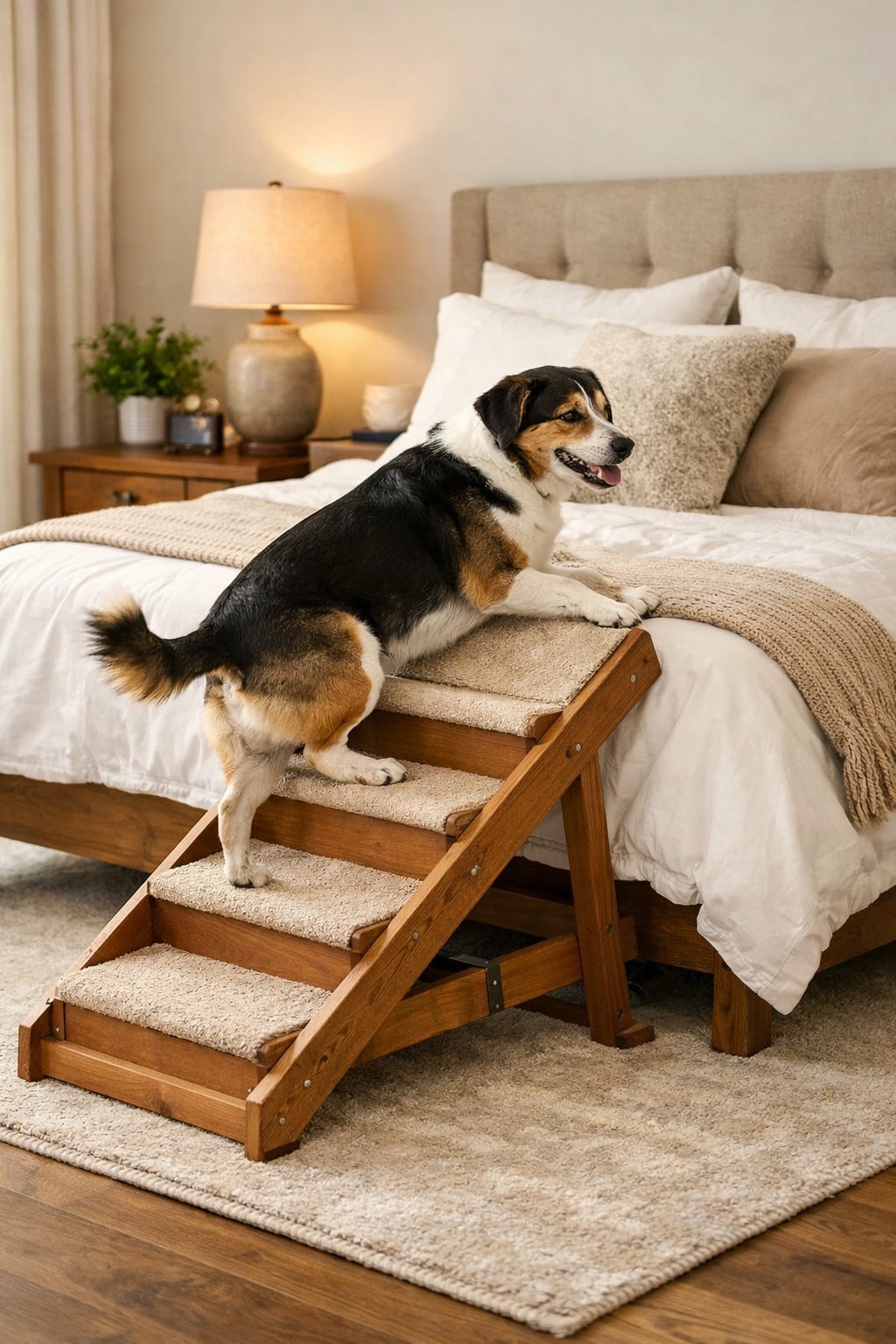 A dog using a wooden ramp to climb onto a bed in a cozy bedroom.