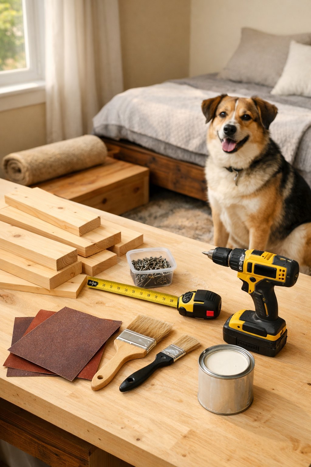 Indoor workspace with wooden materials and tools for building a dog ramp, a dog sitting next to a bed in the background.