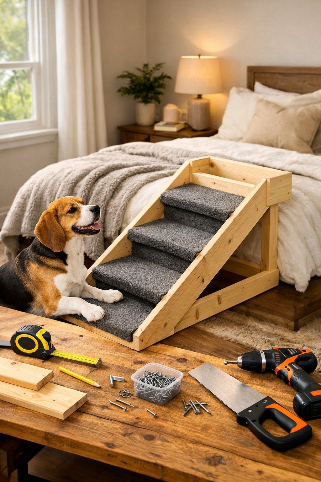 A dog standing next to a wooden ramp leading up to a bed in a cozy bedroom.