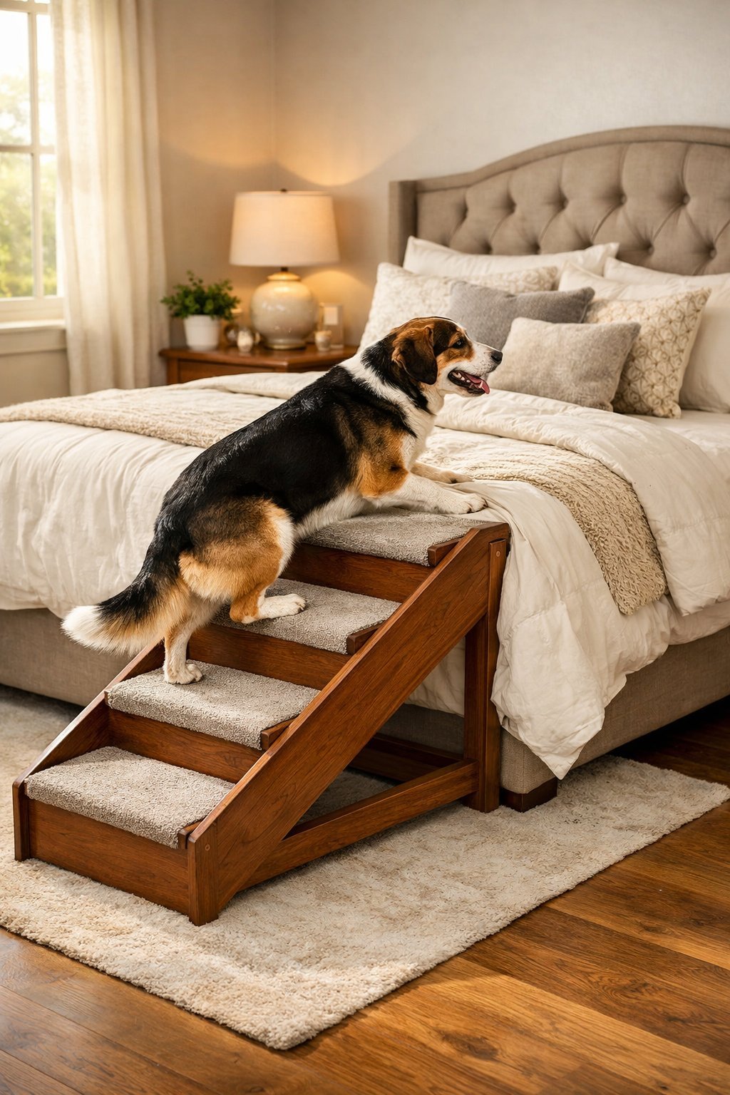 A dog using a wooden ramp to climb onto a comfortable bed in a cozy bedroom.