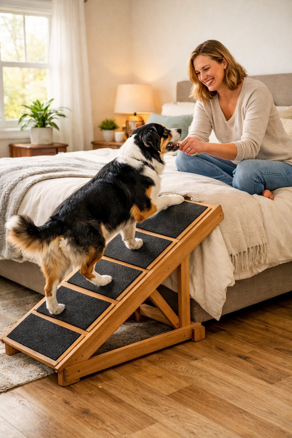 A dog using a wooden ramp to climb onto a bed while a person gently guides it in a cozy bedroom.