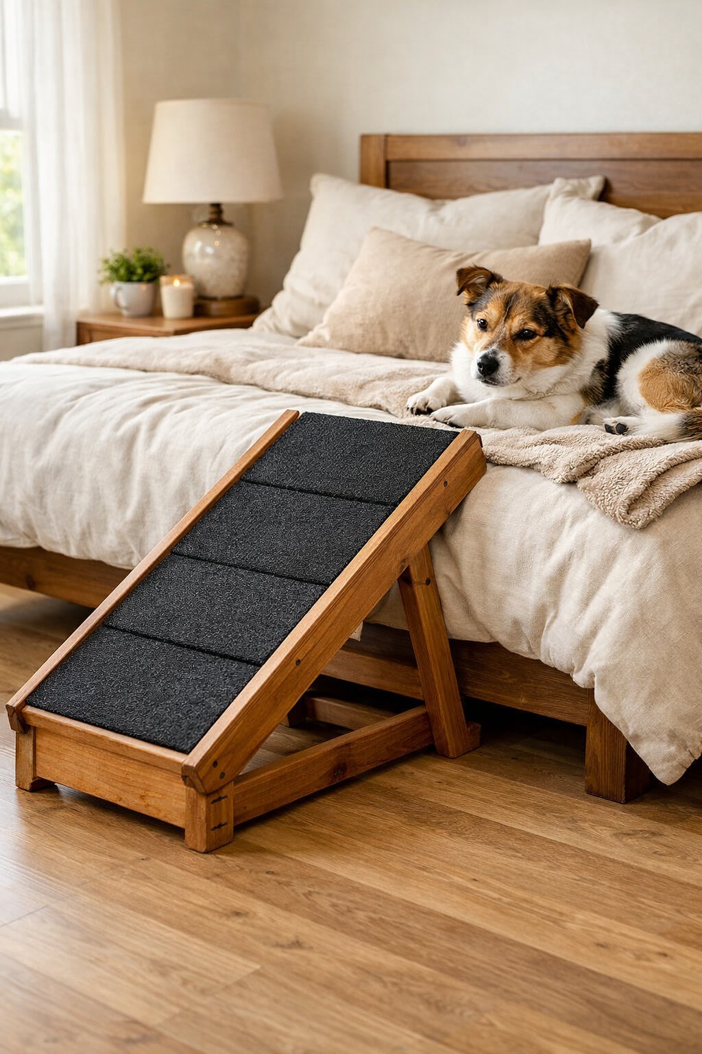 A dog resting on a bed next to a wooden ramp designed to help it climb onto the bed.