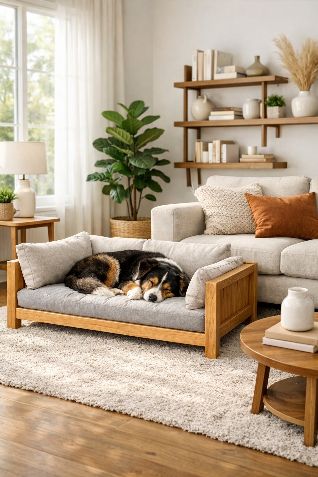 A medium-sized dog resting on a stylish dog couch in a bright living room with plants and modern furniture.