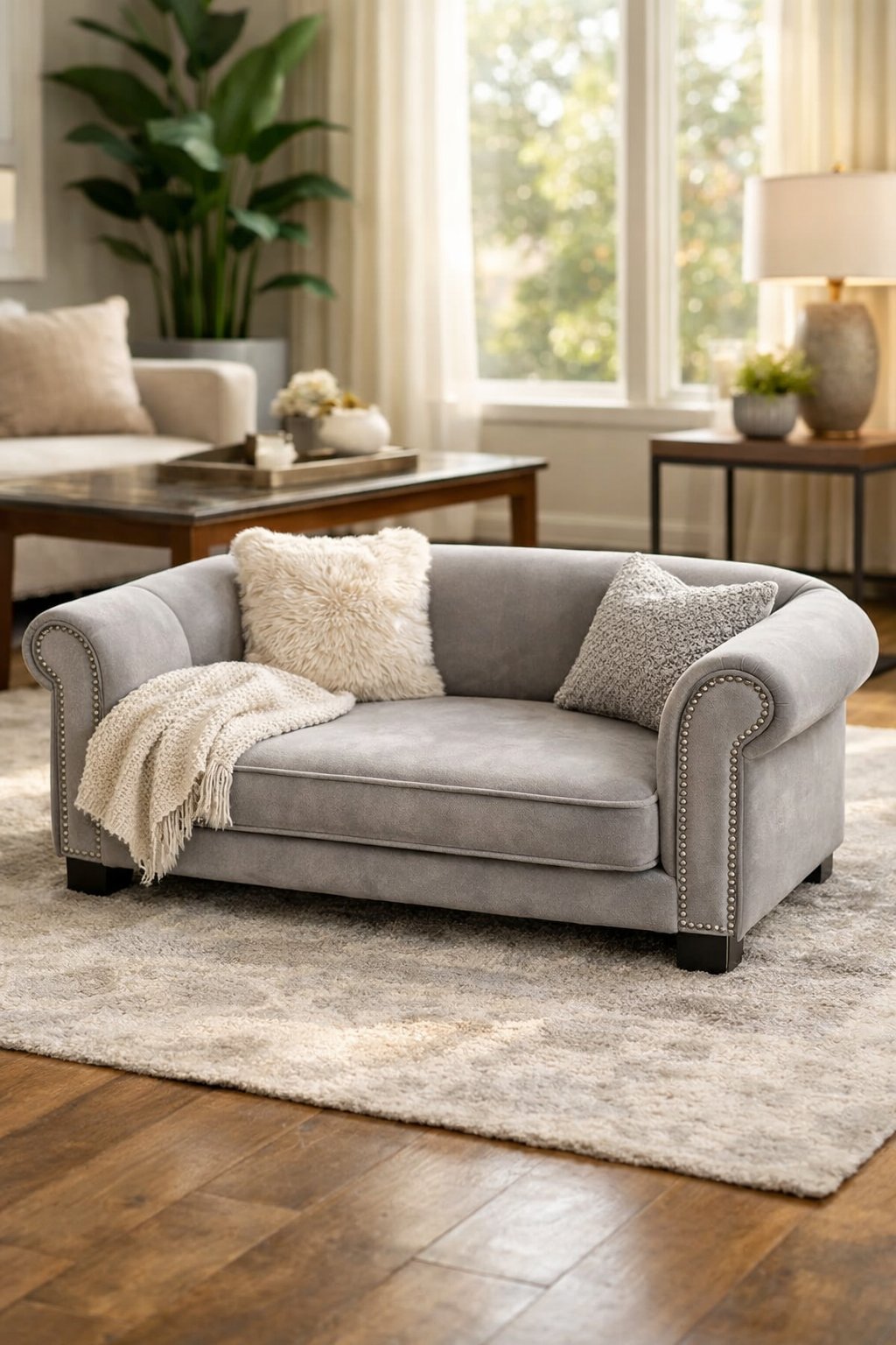 A medium-sized dog comfortably resting on a plush, stylish dog couch in a bright, modern living room.