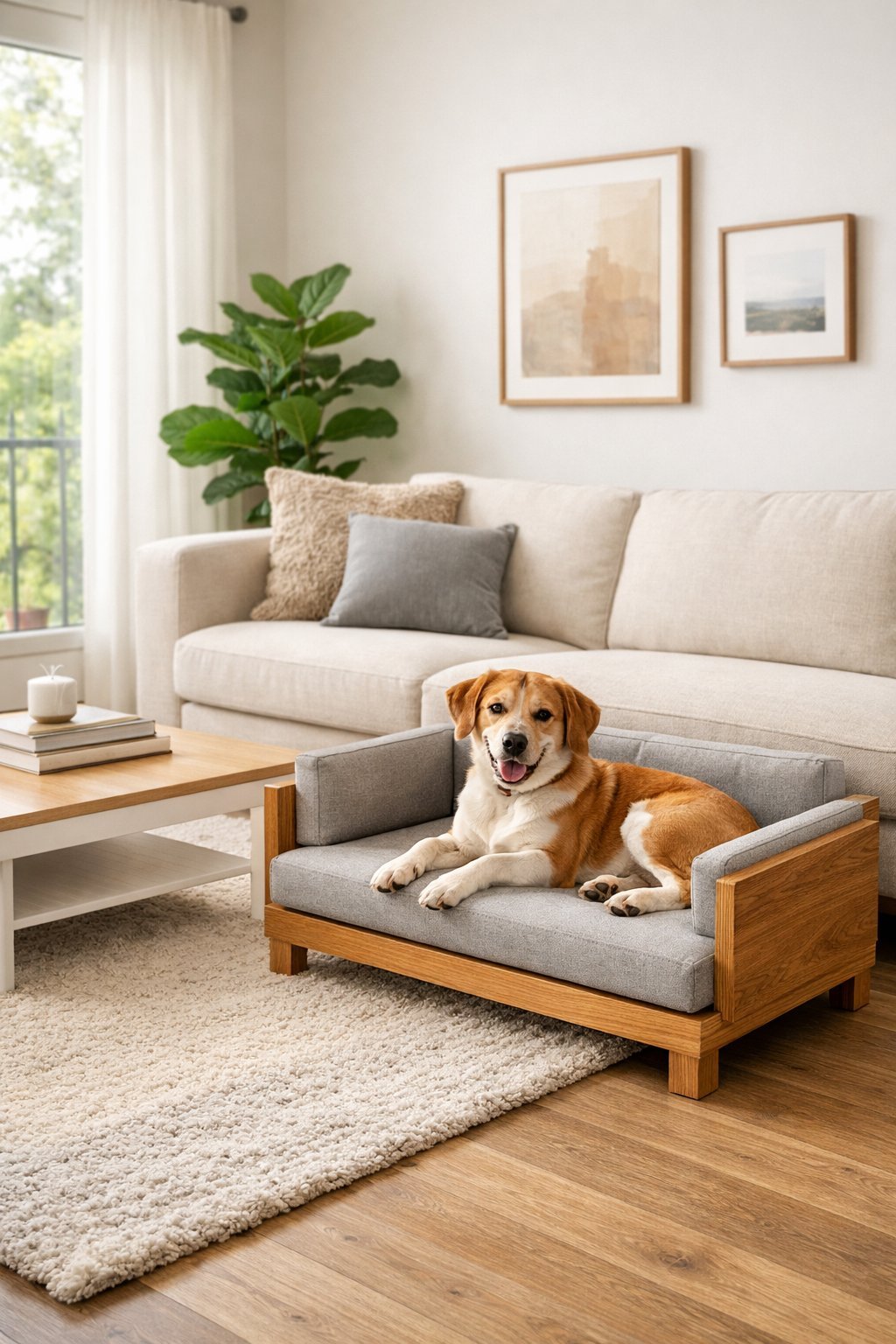 A dog resting on a stylish dog couch in a modern living room next to human furniture.
