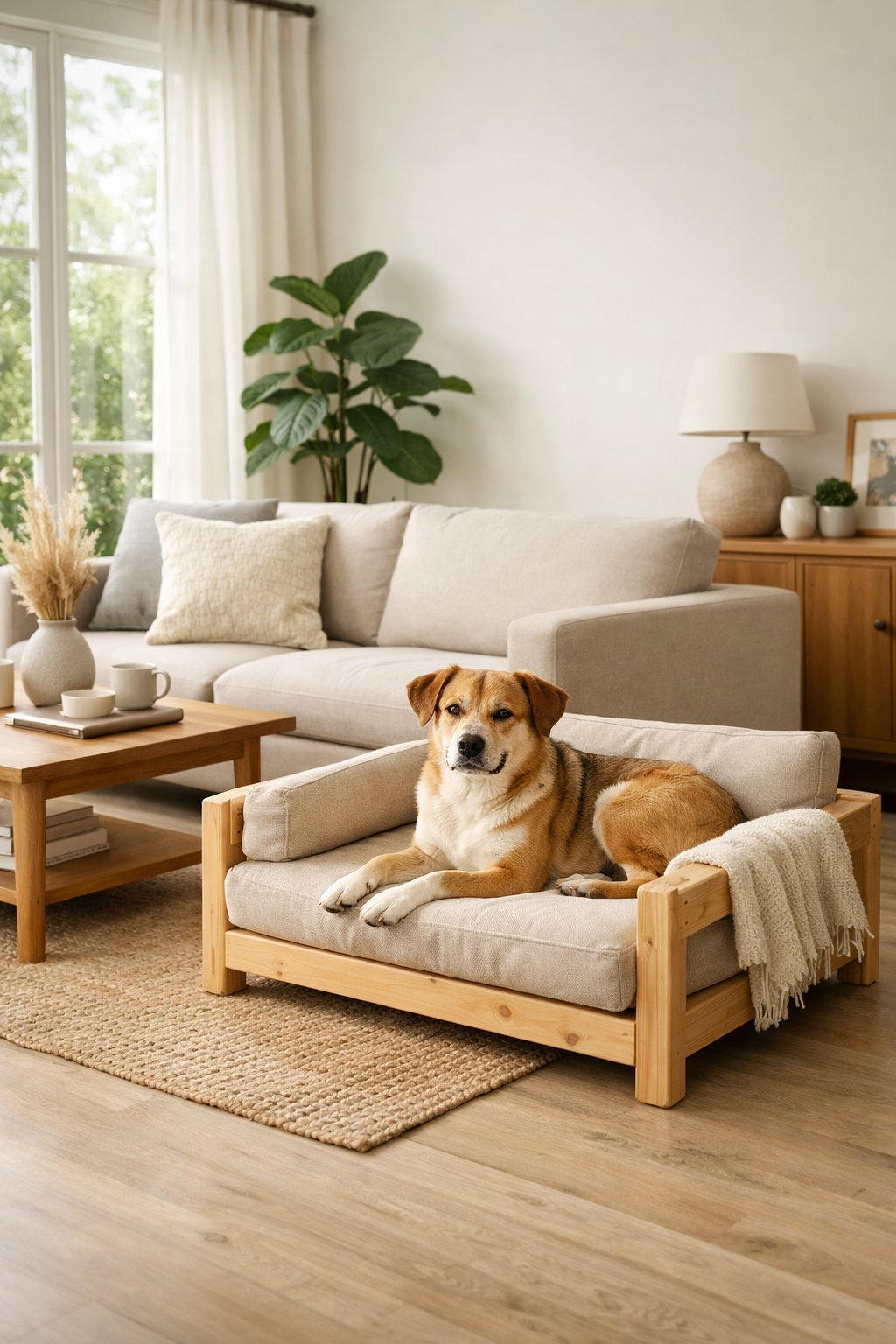 A dog comfortably resting on a custom dog couch in a modern living room with natural light and matching furniture.