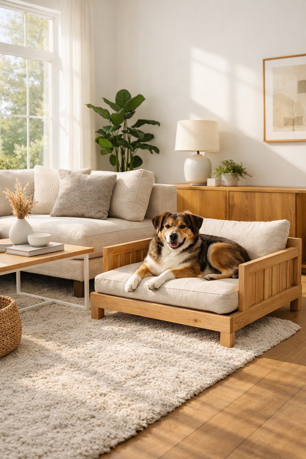 A dog resting comfortably on a handmade dog couch in a bright living room next to human furniture.